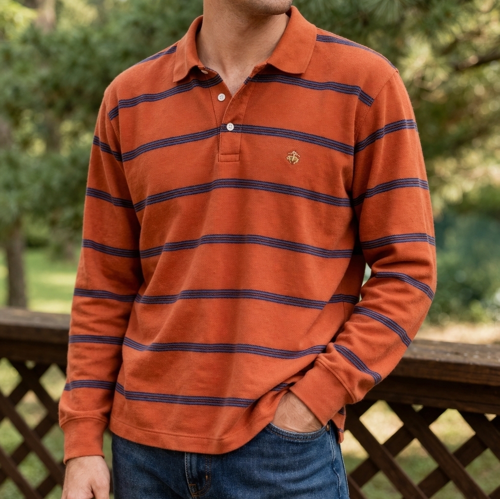 Brooks Brothers 346 Long Sleeve Polo Shirt Small Orange Striped Cotton Classic